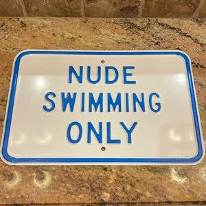 Vintage? Aluminum Metal Nude Swimming Only sign 18 X 12